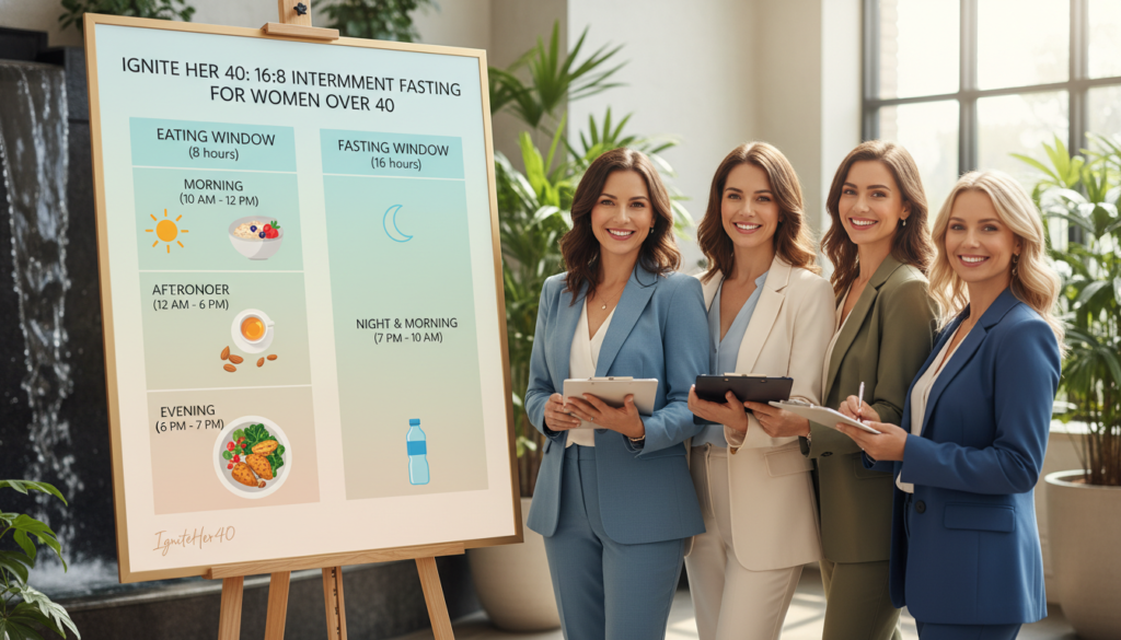 A detailed comparison chart illustrating 16:8 intermittent fasting specifically for women over 40. In the foreground, several diverse women in professional business attire, radiating warmth and relatability, engage in conversation while holding clipboards that display visual fasting data. The middle features an elegant, visually appealing chart with clear segments labeled “Morning, Afternoon, Evening” alongside icons representing food choices and timeframes, set against a soft gradient background of calming pastel colors. In the background, natural elements suggest a health-focused lifestyle, like plants and water, enhancing the overall atmosphere of wellness and positivity. The lighting is soft and inviting, conveying a mood of empowerment and support, with a lens perspective that emphasizes connection and clarity. Include the brand name "IgniteHer40" subtly within the chart design.