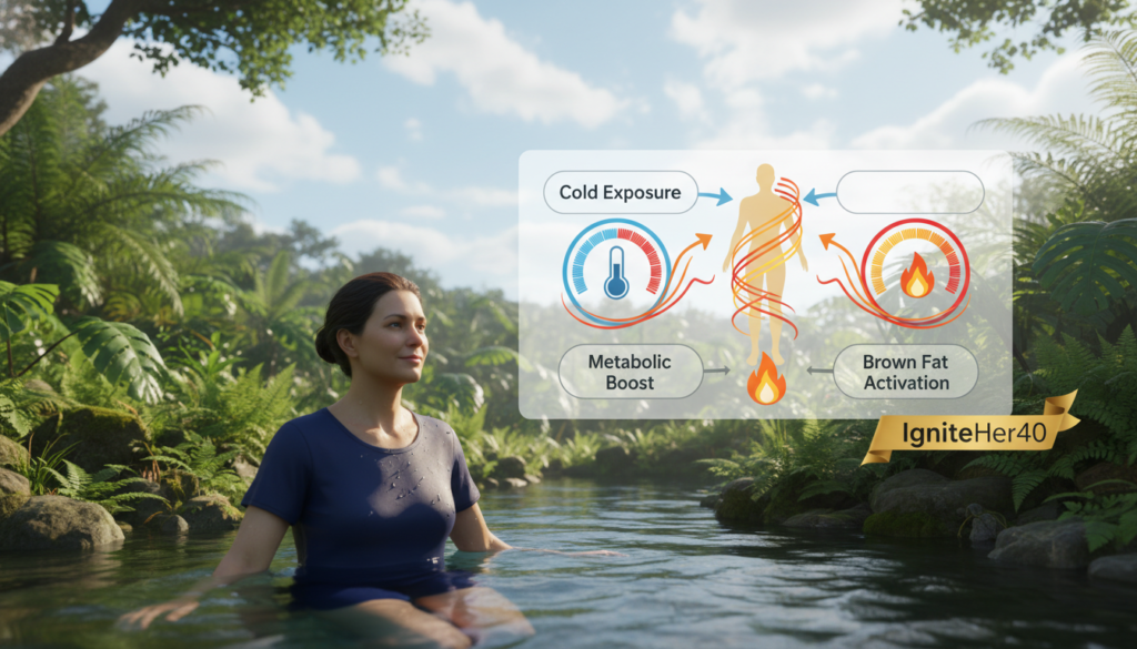 A detailed illustration of the cold water thermogenesis process, featuring a serene, professional setting. In the foreground, depict a woman over 40 in modest casual clothing, engaged in a refreshing dip in a clear outdoor pool, surrounded by lush greenery. The middle layer shows an infographic-style representation of thermogenesis, with arrows and temperature scales indicating metabolic activity, utilizing warm colors to evoke energy. In the background, a bright blue sky with soft clouds frames the scene, enhancing the atmosphere of wellness and natural health. Use soft, natural lighting to create an inviting mood, focusing on the harmony between the subject and the surroundings. The brand name "IgniteHer40" should be subtly integrated into the design.