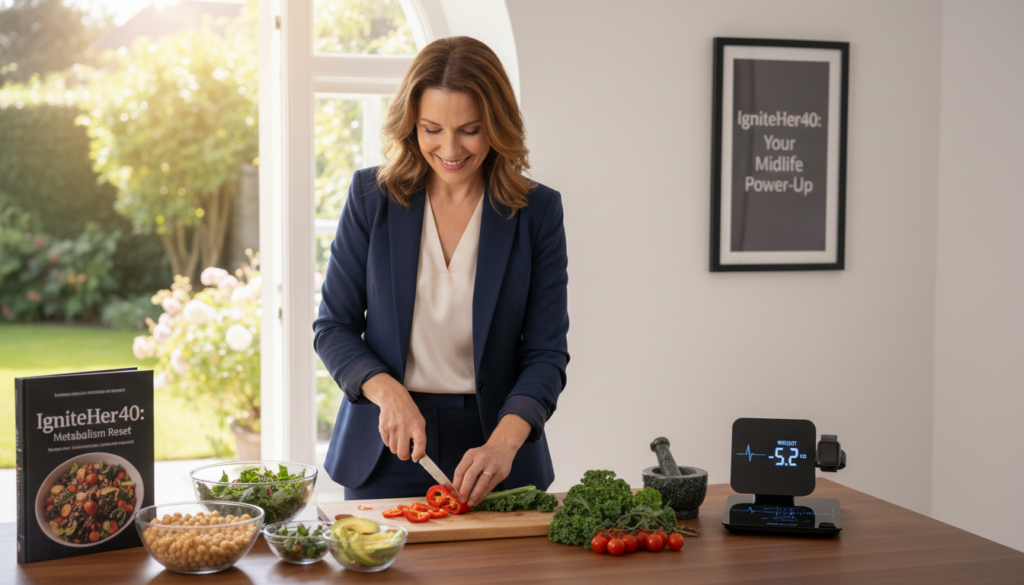 A dynamic scene depicting a woman in her 40s, dressed in professional business attire, engaged in a balanced lifestyle. In the foreground, she is smiling as she prepares a colorful, healthy meal, showcasing fresh vegetables and whole grains on a bright kitchen counter. In the middle ground, a sleek digital scale displays weight loss progress alongside a fitness tracker, symbolizing an evolving metabolism. The background features a sunlit window with greenery outside, creating a warm and inviting atmosphere. Soft, natural lighting enhances the scene, while a slight angle from above captures the woman's focused yet relatable expression, emphasizing a journey toward health and vitality. This image should resonate with the theme of understanding metabolism changes in midlife. Include subtle branding elements of "IgniteHer40" woven into the decor, such as a stylish cookbook or a motivational poster on the wall.