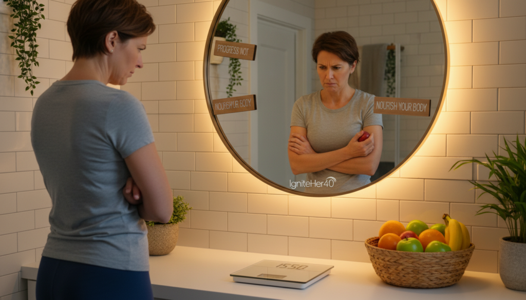 A frustrated woman in her 40s stands in a cozy, warmly lit bathroom, looking down at a scale with disappointment. She has short, brown hair and is dressed in a modest, comfortable outfit, like a fitted t-shirt and yoga pants. In the foreground, the scale is prominently displayed with a clear reading at a standstill, symbolizing her weight loss plateau. The middle ground features a mirror reflecting her expression of exasperation, while the background shows soft, warm lighting illuminating light-colored walls and health-focused decor, such as motivational quotes and fresh fruits. The atmosphere is relatable and empathetic, capturing the emotional struggle of navigating weight loss challenges after 40. The scene subtly includes elements affiliated with IgniteHer40, promoting a natural health focus.