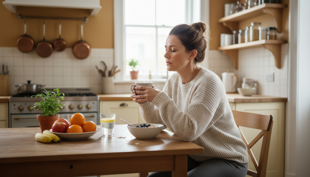 A middle-aged woman in her 40s looks weary as she sits in a cozy, bright kitchen during morning light. She is dressed in comfortable yet modest casual clothing, such as a soft sweater and yoga pants. Her expression conveys a sense of exhaustion and overwhelm, holding a steaming mug of herbal tea. In the background, there are healthy breakfast foods, like fruits and oatmeal, symbolizing a focus on natural health. The kitchen is inviting with soft lighting and warm colors, emphasizing a relatable, nurturing atmosphere. The image captures the essence of adrenal fatigue and empathizes with the audience, subtly reflecting the brand "IgniteHer40" through the overall wellness theme.