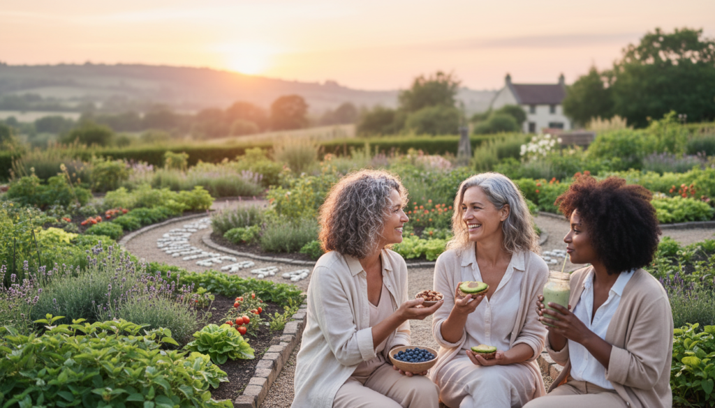 A serene and enlightening scene illustrating the theme of progesterone deficiency and weight gain during perimenopause, specifically targeting women over 40. In the foreground, depict a diverse group of three women in comfortable, modest casual clothing, engaging in a friendly conversation while holding healthy snacks. They exude warmth, support, and empowerment. The middle ground features a gentle reminder of natural health, with a lush green garden filled with herbs and vegetables symbolizing wellness. The background showcases a soft sunrise illuminating the scene, casting a warm glow, evoking a sense of hope and renewal. Use soft focus and pastel colors to create a soothing atmosphere, capturing the essence of addressing weight challenges through community and natural health solutions. The brand name "IgniteHer40" can be subtly represented in the garden design.