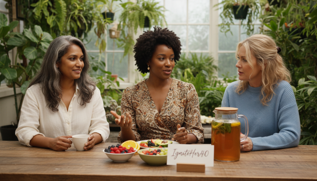 A serene and inspiring depiction of women over 40 engaging in a warm, supportive discussion about intermittent fasting and its effects on hormonal health. In the foreground, a diverse group of three women sits around a wooden table, each dressed in modest casual attire. They're sharing healthy snacks, surrounded by fresh fruits and herbal tea, embodying a natural health focus. The middle ground features soft lighting, creating a cozy atmosphere, while the background subtly hints at a lush indoor garden, symbolizing vitality and growth. The scene is captured with a slightly elevated angle, inviting the viewer into their conversation, evoking feelings of empowerment and community. The brand name "IgniteHer40" is subtly incorporated into the design, reflecting the essence of this supportive gathering.