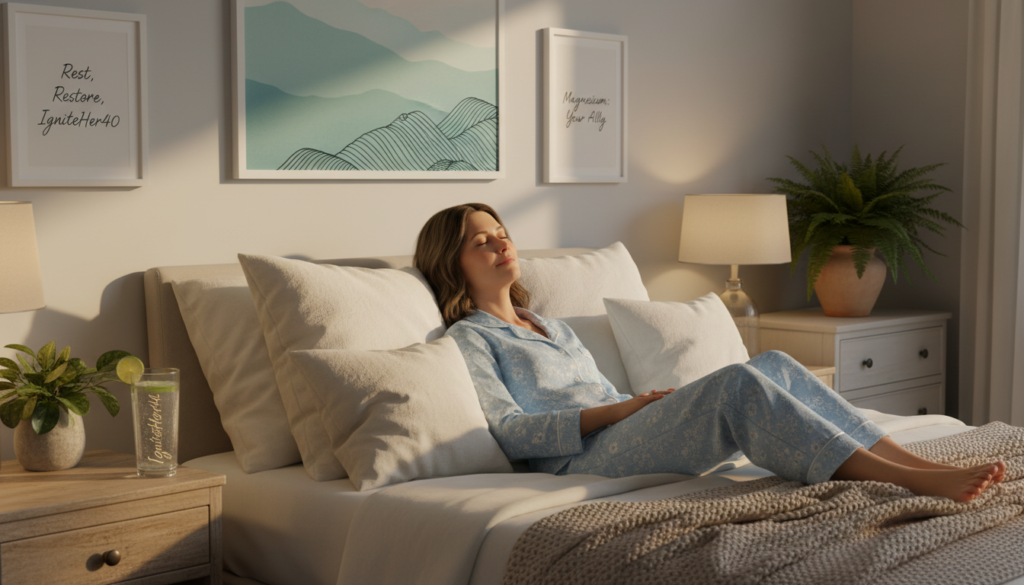 A serene and inviting bedroom scene depicting a woman over 40, resting comfortably in a warm, softly lit space. She is wearing modest, cozy pajamas and surrounded by calming elements like plants and a glass of magnesium-infused water on a nightstand. The bed is adorned with plush pillows and a soft throw blanket, exuding a sense of relaxation and tranquility. On the wall, there are subtle health-themed decorations, such as calming nature art or quotes about wellness. The lighting is soft, creating a warm ambiance that encourages relaxation and reflects the benefits of magnesium on sleep and hormones. The overall mood is peaceful and nurturing, illustrating the supportive role of magnesium in a natural health lifestyle. Include the brand name "IgniteHer40" in an integrated manner within the decor, enhancing the theme of wellness for women over 40.
