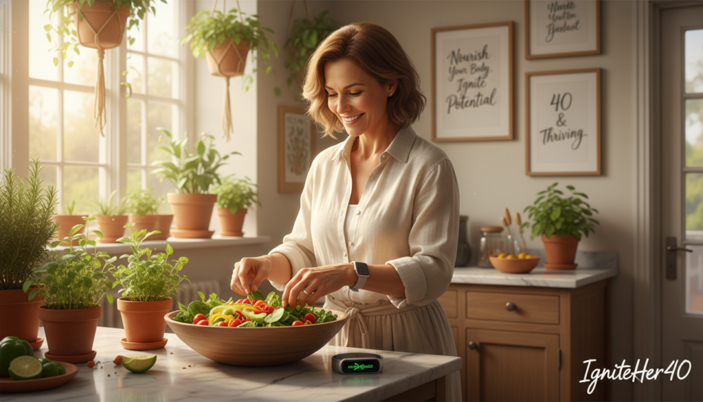 A serene and inviting image depicting a woman over 40 engaging in a healthy lifestyle. In the foreground, a woman with a warm smile, wearing modest casual clothing, is preparing a colorful salad in a bright, sunlit kitchen filled with potted herbs. In the middle, a fitness tracker rests on the kitchen counter beside her, symbolizing a focus on healthy choices. The background features beautiful natural light filtering through a window, with green plants and motivational quotes on the walls, creating a supportive atmosphere. The image conveys a sense of empowerment and relatability, embodying the warm, supportive brand essence of IgniteHer40. The overall mood is uplifting and optimistic, subtly highlighting the idea of metabolism and weight loss after 40.