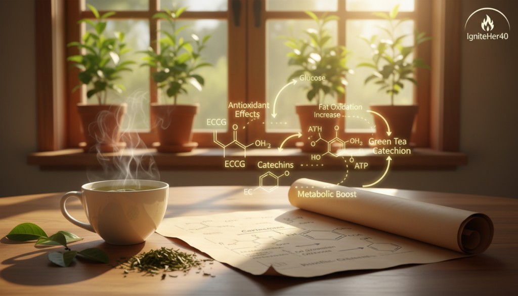 A serene and inviting kitchen environment featuring a warm wooden table. In the foreground, a cup of freshly brewed green tea, steam rising gently, sits beside loose green tea leaves and a scientific diagram illustrating catechins and their metabolic effects on the body. In the middle, include a semi-transparent overlay graphic showing a simplified metabolic pathway, with arrows and labels highlighting key compounds. The background showcases potted green tea plants and soft sunlight filtering through a window, creating a calm, health-focused atmosphere. Use soft, natural lighting to evoke warmth and wellness. Capture the essence of natural health, emphasizing the research aspect while maintaining a relatable tone. Include a discreet logo of "IgniteHer40" in the corner, seamlessly integrated into the scene.