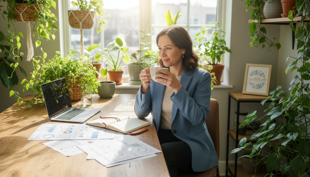 A serene and inviting kitchen scene where a woman over 40, dressed in professional casual attire, sits at a sunlit wooden table, savoring a steaming cup of green tea, framed by lush indoor plants. On the table, scattered scientific research papers with charts and graphs showcasing metabolism studies, alongside a notebook with handwritten notes. The background features a softly glowing window that lets in natural light, creating a warm and energizing atmosphere. The lens captures her expression of focus and contemplation, emphasizing her dedication to health and wellness. The image embodies a relatable, natural health approach while incorporating elements of scientific inquiry, with the brand name "IgniteHer40" subtly referenced in the decor.