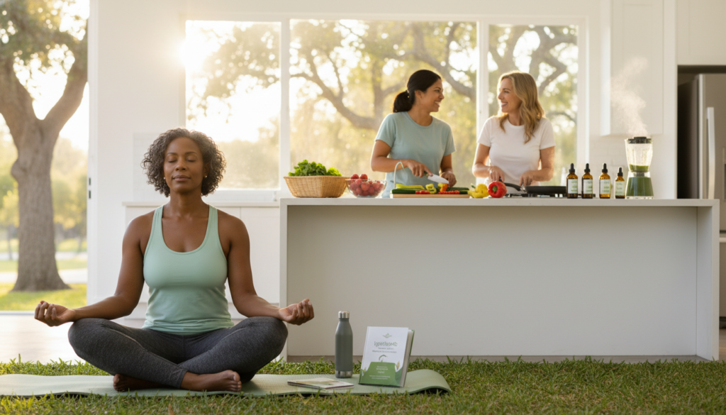 A serene and inviting scene featuring a diverse group of women over 40 engaging in healthy lifestyle activities. In the foreground, a woman sitting cross-legged on a yoga mat in a park, practicing mindfulness, her expression calm and focused. In the middle, two women cooking a nutritious meal together in a bright kitchen, surrounded by fresh fruits and vegetables, exuding warmth and camaraderie. In the background, soft sunlight filters through trees, creating a peaceful atmosphere. The image should be bright and vibrant, with natural lighting to enhance the feeling of health and wellness. Capture a relatable and supportive mood, emphasizing the journey of managing high cortisol symptoms naturally. Decorate the scene subtly with hints of the "IgniteHer40" brand, like healthy cookbooks or wellness products in the environment.