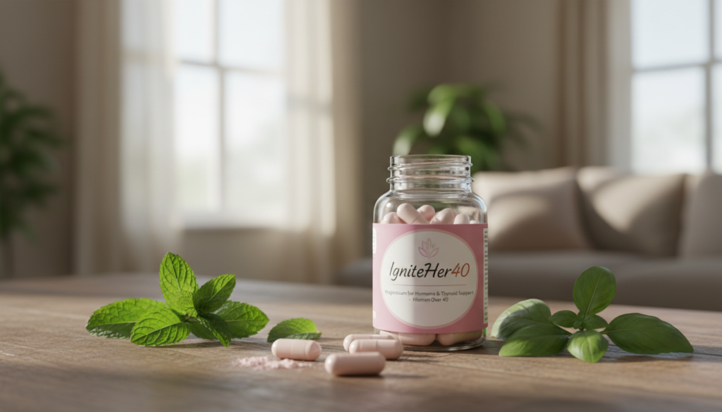 A serene and inviting scene showcasing a selection of magnesium supplements designed for women, featuring the brand "IgniteHer40". In the foreground, a clear glass bottle filled with magnesium capsules sits atop a wooden table, surrounded by fresh green herbs such as mint and basil, symbolizing natural health. In the middle ground, soft, warm lighting illuminates the scene, casting gentle shadows, and a few open capsules spill onto the table. In the background, a blurred, cozy living room setting with natural light streaming in through a window creates an atmosphere of comfort and tranquility. The mood is warm and relatable, aiming to connect with women over 40 seeking hormone balance and thyroid support. The overall composition highlights health, serenity, and empowerment.