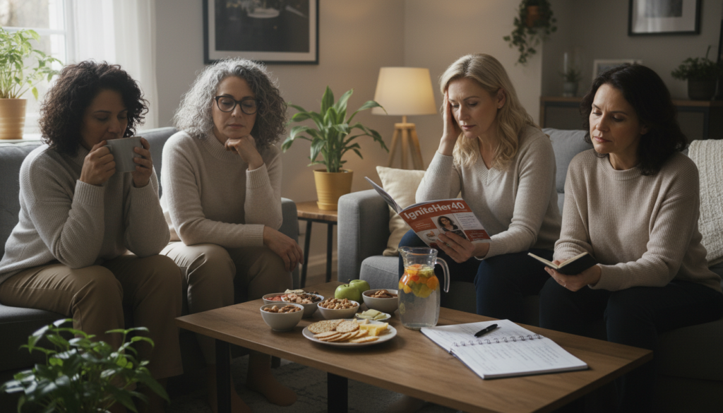 A serene and relatable scene depicting women over 40 experiencing low energy levels due to metabolic slowdown. In the foreground, a diverse group of women, dressed in modest casual clothing, are seated in a cozy, warmly lit living room, with expressions of fatigue and contemplation. One woman is gently sipping herbal tea, while another browses through a health magazine about "IgniteHer40". In the middle, a table is cluttered with nutritious snacks and a planner filled with wellness goals. The background features soft, natural light streaming through a window, enhancing the warm atmosphere. The overall mood is one of subtle introspection and resilience, emphasizing the importance of self-care. A serene and relatable scene depicting women over 40 experiencing low energy levels due to metabolic slowdown. In the foreground, a diverse group of women, dressed in modest casual clothing, are seated in a cozy, warmly lit living room, with expressions of fatigue and contemplation. One woman is gently sipping herbal tea, while another browses through a health magazine about "IgniteHer40". In the middle, a table is cluttered with nutritious snacks and a planner filled with wellness goals. The background features soft, natural light streaming through a window, enhancing the warm atmosphere. The overall mood is one of subtle introspection and resilience, emphasizing the importance of self-care.
