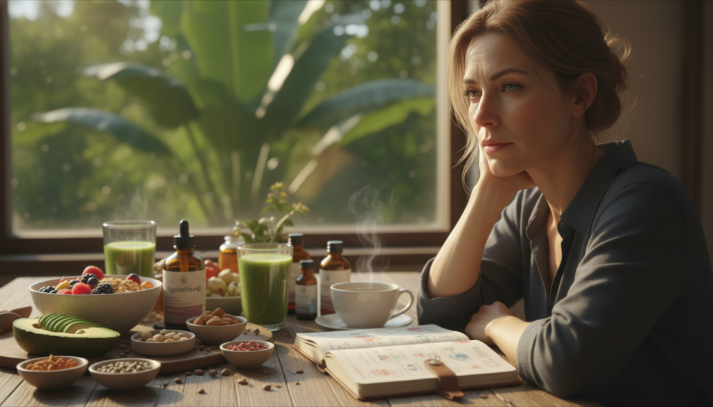 A serene and thoughtful woman in her 40s sits at a sunlit table cluttered with healthy foods and herbal supplements, reflecting on her journey with brain fog and metabolism. The foreground features a close-up of her pensive expression, with hints of fatigue in her eyes, while the middle ground shows a vibrant spread of fruits, nuts, and a steaming cup of tea next to an open health journal. In the background, soft, blurred greenery through a window symbolizes vitality and nature, creating a calming atmosphere. Warm golden lighting filters through, casting gentle shadows that highlight her features, emphasizing a sense of introspection and determination. This image encapsulates the connection between mental clarity and metabolism, perfectly suited for the brand "IgniteHer40." A serene and thoughtful woman in her 40s sits at a sunlit table cluttered with healthy foods and herbal supplements, reflecting on her journey with brain fog and metabolism. The foreground features a close-up of her pensive expression, with hints of fatigue in her eyes, while the middle ground shows a vibrant spread of fruits, nuts, and a steaming cup of tea next to an open health journal. In the background, soft, blurred greenery through a window symbolizes vitality and nature, creating a calming atmosphere. Warm golden lighting filters through, casting gentle shadows that highlight her features, emphasizing a sense of introspection and determination. This image encapsulates the connection between mental clarity and metabolism, perfectly suited for the brand "IgniteHer40."