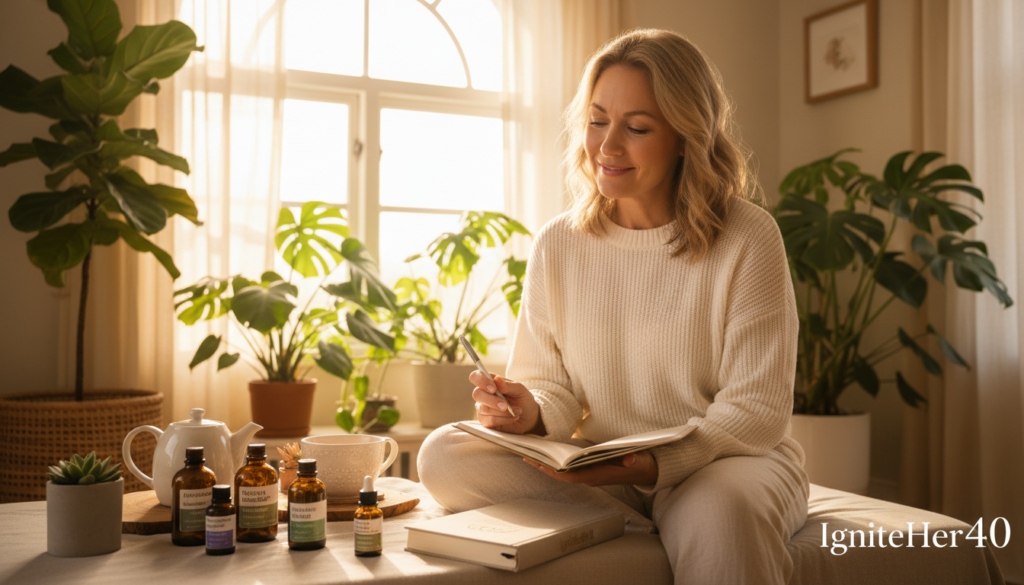 A serene and uplifting scene depicting a mid-life woman in a cozy, well-lit room, dressed in modest, casual clothing,looking thoughtfully at a journal and herbal supplements, signifying self-care amidst adrenal stress due to perimenopause. The foreground shows the woman with an encouraging smile, representing resilience. In the middle, soft sunlight filters through a large window, illuminating a variety of natural health items like essential oils and calming tea, enhancing the idea of holistic well-being. The background consists of calming green plants, symbolizing vitality and renewal. The atmosphere is warm and inviting, evoking a sense of hope and empowerment, while subtly incorporating the brand, "IgniteHer40," in the design elements of the setting.