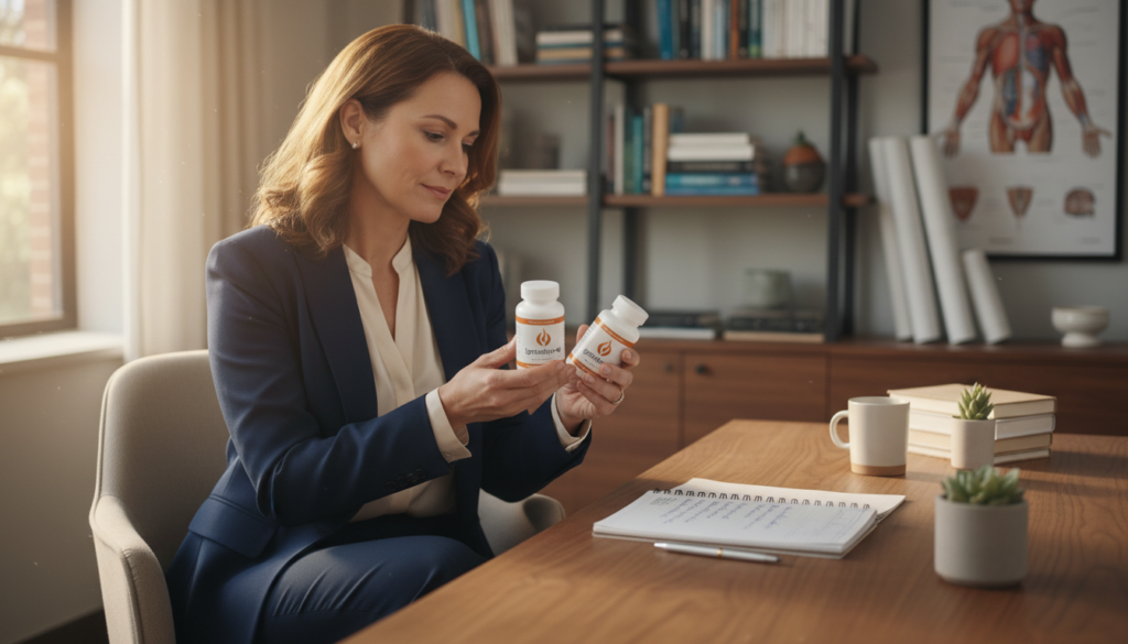 A serene home office setting featuring a middle-aged woman, dressed in professional business attire, examining thyroid medication bottles labeled "IgniteHer40" on a sleek wooden desk. In the foreground, the woman holds a notepad with TSH level notes, showcasing the importance of understanding hormone balance for weight loss. In the middle, a soft-focus background reveals a bookshelf filled with health books and charts related to thyroid health, emphasizing a natural health focus. The lighting is warm and inviting, casting a gentle glow through a window, creating a supportive atmosphere that encourages self-care and wellness. Overall, the mood is relatable and empowering, capturing the journey of women over 40 addressing thyroid issues.
