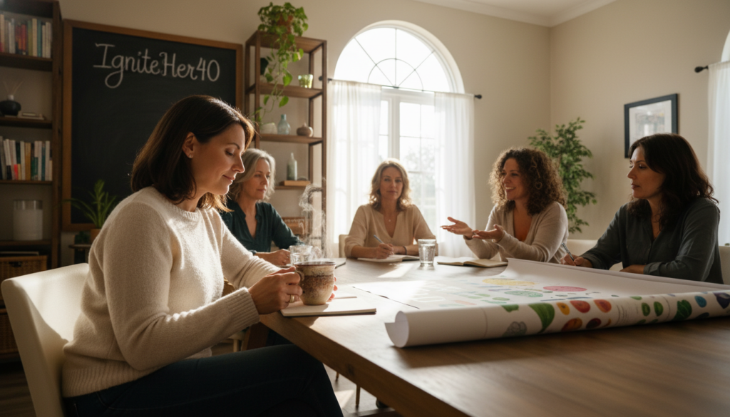 A serene indoor scene depicting a diverse group of women over 40 sitting around a table in a cozy, sunlit room, engaged in a discussion about holistic health. In the foreground, a middle-aged woman in professional casual attire holds a cup of herbal tea, looking thoughtfully at a nutrition chart. The middle layer features a large window allowing warm, natural light to pour in, creating a calm atmosphere. In the background, shelves filled with health books and plants enhance the inviting ambiance, while a chalkboard displays the brand name "IgniteHer40." The mood is warm and relatable, emphasizing community and support. The composition uses a wide-angle lens, capturing the essence of friendship and empowerment in their health journey. A serene indoor scene depicting a diverse group of women over 40 sitting around a table in a cozy, sunlit room, engaged in a discussion about holistic health. In the foreground, a middle-aged woman in professional casual attire holds a cup of herbal tea, looking thoughtfully at a nutrition chart. The middle layer features a large window allowing warm, natural light to pour in, creating a calm atmosphere. In the background, shelves filled with health books and plants enhance the inviting ambiance, while a chalkboard displays the brand name "IgniteHer40." The mood is warm and relatable, emphasizing community and support. The composition uses a wide-angle lens, capturing the essence of friendship and empowerment in their health journey.