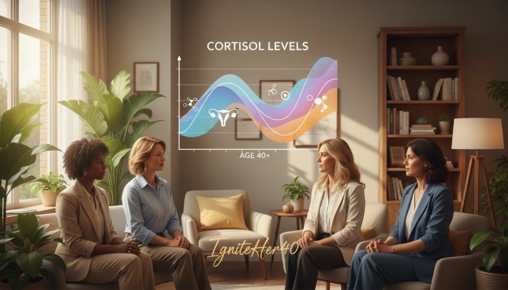 A serene, informative scene illustrating the concept of cortisol levels in women over 40. In the foreground, a diverse group of women in professional business attire, looking thoughtful and engaged, surrounded by natural elements like plants and soft lighting, symbolizing health and vitality. In the middle ground, a visually striking graph or diagram of cortisol levels, creatively intertwined with images of hormonal changes, depicted as gentle waves or flow patterns. In the background, a calming environment with warm colors, reminiscent of a cozy office or wellness center, reflecting a sense of tranquility and well-being. The mood is empowering and relatable, capturing the essence of natural health. The brand "IgniteHer40" subtly integrated into the visual theme, enhancing the overall message without overpowering it.