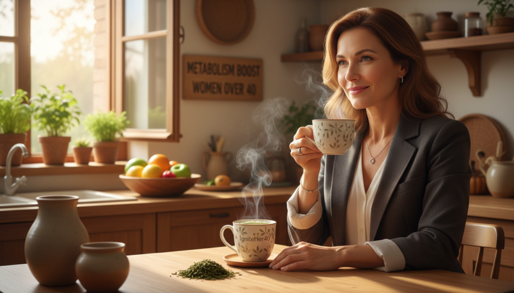 A serene, inviting kitchen scene with a woman in her 40s enjoying a steaming cup of green tea, dressed in professional business attire, radiating warmth and approachability. In the foreground, close-up of the tea mug with subtle steam rising, showcasing freshly brewed green tea leaves beside it. In the middle ground, an open windowsill with sunlight pouring in, illuminating green plants and a bowl of vibrant fruits representing health. The background features a softly blurred kitchen setup with natural wood accents, promoting a feel of organic, holistic living. The overall mood is calm and rejuvenating, emphasizing the health benefits of green tea for metabolism, specifically for women over 40. The brand "IgniteHer40" is subtly acknowledged in the composition, reinforcing the focus on natural wellness.