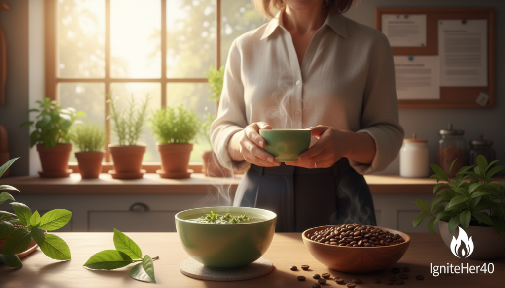 A serene, inviting kitchen setting with a woman over 40, dressed in professional but comfortable attire, preparing a cup of green tea. The foreground features a vibrant green tea cup steaming gently, with vivid green tea leaves and a small bowl of caffeine-rich coffee beans nearby, symbolizing the metabolic boost. In the middle ground, a sunlit windowsill is adorned with plants and herbs, showcasing a holistic approach to health. The background includes a subtle display of research papers related to green tea and metabolism, softly blurred to emphasize the main elements. The lighting is warm and natural, conveying a sense of comfort and well-being. The overall atmosphere is inspiring, reflecting the brand IgniteHer40 and the journey of health and vitality through natural compounds working together.