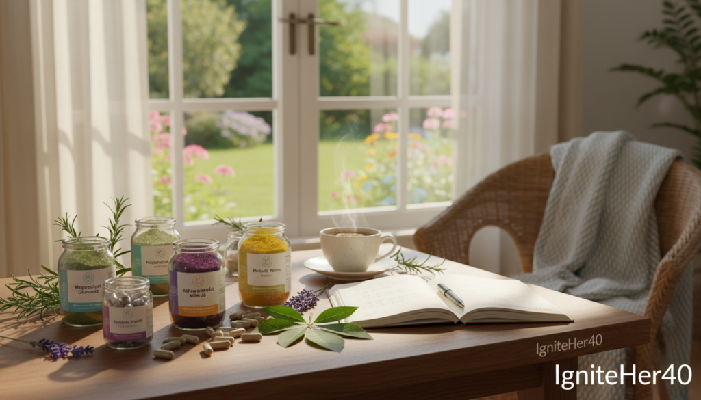 A serene, inviting scene featuring an assortment of natural supplements aimed at cortisol control, specifically magnesium and various adaptogens like ashwagandha and rhodiola. In the foreground, a beautifully arranged wooden table showcases elegant glass jars filled with the vibrant powders and capsules, accompanied by fresh herbs and leaves symbolizing nature's bounty. The middle ground includes an open notebook and a calming herbal tea cup, hinting at a lifestyle of wellness and self-care. In the background, a sunlit window with soft curtains allows warm, natural light to bathe the scene, creating a comforting atmosphere. The setting reflects a warm, relatable tone, ideal for women over 40 looking to enhance their natural health. The brand name "IgniteHer40" is subtly integrated into the design, emphasizing empowerment and wellness for women navigating this life stage.