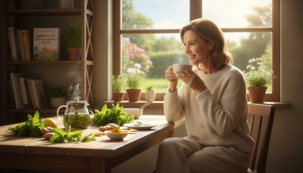 A serene kitchen scene bathed in warm, natural light, featuring a middle-aged woman, dressed in modest casual attire, enjoying a calming cup of green tea. She smiles contentedly while sitting at a sunlit table surrounded by fresh ingredients corresponding to herbal health, such as mint and ginger, symbolizing natural metabolism boosts. In the background, shelves display healthy cookbooks and potted herbs, enhancing the natural health ambiance. A window reveals a peaceful garden view, with sunlight streaming in, creating an inviting and serene atmosphere. The composition conveys a sense of warmth and relatability, embodying the theme of embracing natural health practices after 40, focusing on the benefits of green tea metabolism for women. Brand name "IgniteHer40" subtly featured on a cookbook spine.