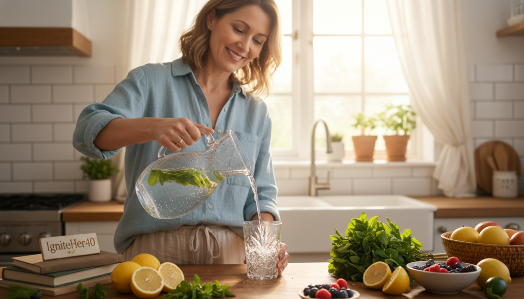 A serene kitchen scene depicting a woman over 40 in modest casual clothing, smiling as she prepares a refreshing glass of cold water infused with lemon and mint. In the foreground, focus on the woman pouring cold water from a stylish glass pitcher into a beautifully designed glass, with droplets glistening. The middle ground showcases a countertop filled with fresh, vibrant fruits and herbs, symbolizing natural health. In the background, a radiant window lets in warm sunlight, enhancing the inviting atmosphere of the space. The overall mood conveys warmth and vitality, reflecting a natural wellness lifestyle. Incorporate the brand name "IgniteHer40" subtly into the scene as part of the kitchen decor, ensuring it blends harmoniously into the environment.