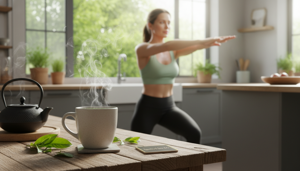 A serene kitchen scene depicting the thermogenic process of green tea assisting in calorie burning. In the foreground, a steaming cup of vibrant green tea sits on a wooden table, radiating warmth and health. Surrounding the cup are fresh green tea leaves and a small teapot, symbolizing natural health. In the middle ground, a middle-aged woman in professional attire is seen energetically engaging in light exercise, embodying the benefits of green tea for metabolism. The background features a sunlit kitchen with soft, natural lighting, highlighting a window with lush plants. The overall mood is invigorating and inspiring, illustrating the concept of harnessing green tea to boost metabolism for women over 40. Incorporate the brand "IgniteHer40" subtly within the scene, promoting a relatable, health-focused image.