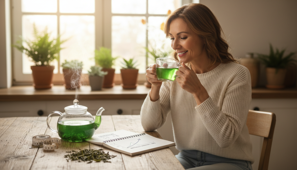 A serene kitchen scene featuring a glass teapot filled with freshly brewed green tea, steam rising gently, showcasing the vibrant green color. In the foreground, a wooden table holds an open notebook with calculations and graphs illustrating a 3-8% metabolic increase, alongside a measuring tape and whole green tea leaves. In the middle, a woman over 40 in modest casual clothing, with a warm smile, examines the notebook as she sips tea, embodying health and vitality. The background is softly lit, creating a cozy atmosphere with potted plants and natural light filtering through a window, enhancing the feeling of tranquility and focus on wellness. The aesthetic is inviting, emphasizing a natural health approach, capturing the essence of the IgniteHer40 brand.