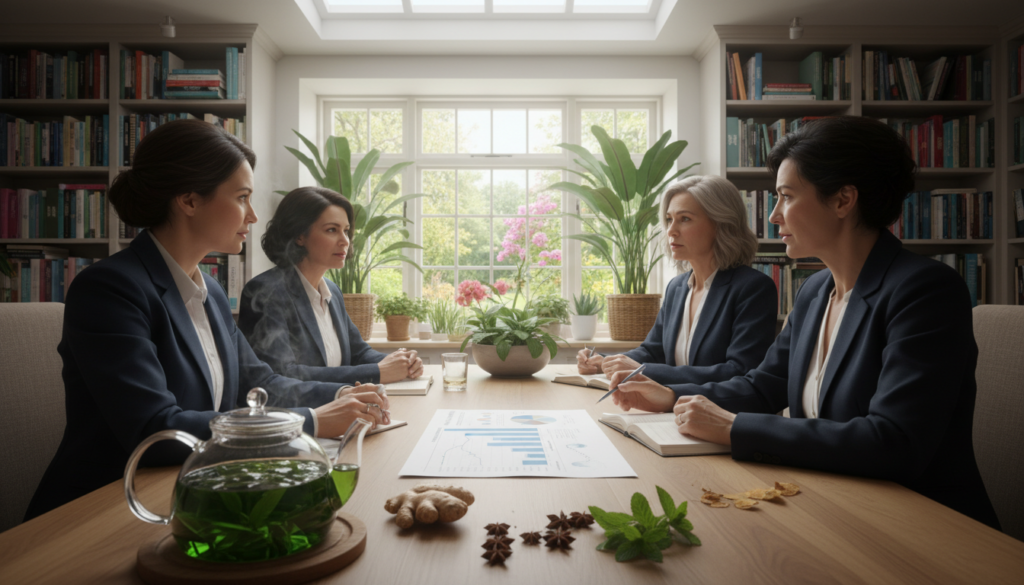 A serene kitchen scene highlighting a glass teapot filled with vibrant green tea, emitting steam. In the foreground, a diverse group of women over 40, dressed in professional business attire, are engaged in lively discussion around a wooden dining table. One woman points to a chart displaying metabolic rate data, surrounded by notebooks and herbal ingredients. In the middle ground, lush green plants and a window showing a sunlit garden create a warm, inviting atmosphere. The background features shelves lined with health and wellness books, subtly including the brand name "IgniteHer40." The scene is illuminated by soft, natural lighting, enhancing the sense of calm and health-focused energy, capturing the essence of research on green tea’s effects on metabolism.