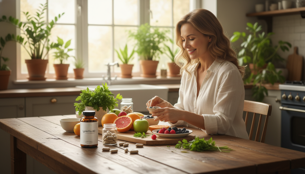 A serene kitchen setting bathed in soft, natural light, showcasing a wooden table filled with beautifully arranged natural weight loss supplements. In the foreground, a chic bottle labeled “IgniteHer40” sits alongside vibrant fresh fruits, herbs, and capsules, symbolizing hormonal balance and well-being. In the middle ground, a woman over 40, dressed in modest casual clothing, engages with the products, exuding confidence and positivity as she integrates them into her lifestyle. The background reveals lush green plants and gentle sunlight filtering through a window, creating a warm, inviting atmosphere. The scene captures the essence of natural health and self-care, designed to inspire women on their wellness journey.