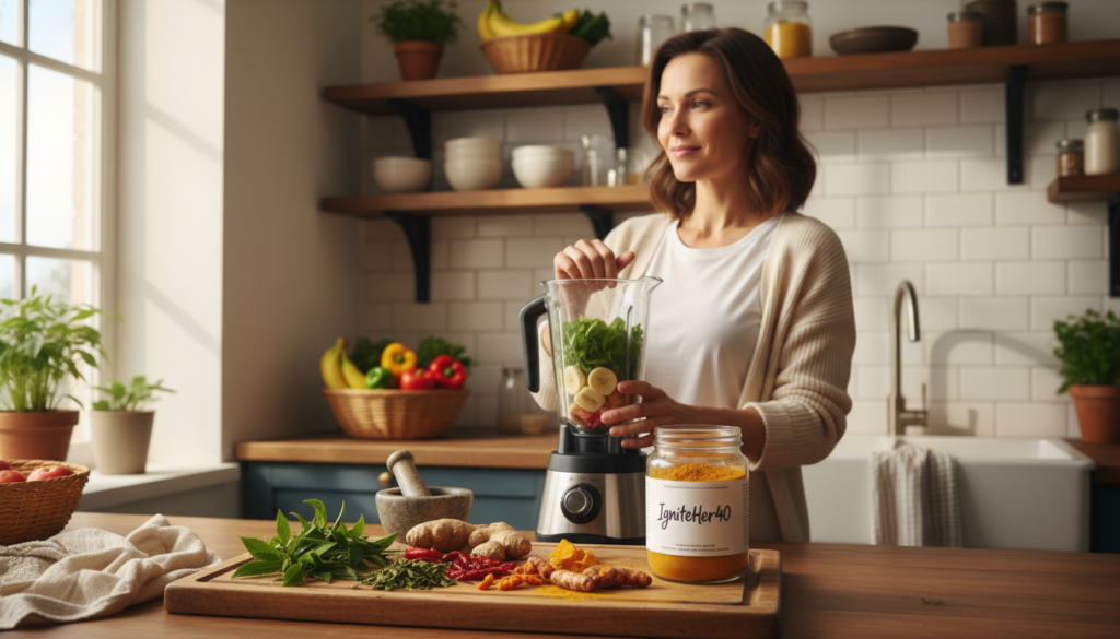 A serene kitchen setting, warmly lit by soft natural sunlight streaming through a window, emphasizing a sense of health and vitality. In the foreground, a mixed assortment of vibrant, natural thermogenic ingredients such as green tea leaves, ginger, cayenne pepper, and turmeric is artfully arranged around a rustic wooden cutting board. A glass jar labeled “IgniteHer40” holds blended powdered supplements, suggesting energy and wellness. In the middle ground, a woman over 40, dressed in modest casual clothing, is thoughtfully preparing a nutrient-rich smoothie, reflecting a relatable real-life scenario. The background showcases fresh fruits and vegetables in a cozy, inviting kitchen environment, creating an atmosphere of natural health and well-being. The overall mood is uplifting, highlighting empowerment and wellness without distractions or text overlays. A serene kitchen setting, warmly lit by soft natural sunlight streaming through a window, emphasizing a sense of health and vitality. In the foreground, a mixed assortment of vibrant, natural thermogenic ingredients such as green tea leaves, ginger, cayenne pepper, and turmeric is artfully arranged around a rustic wooden cutting board. A glass jar labeled “IgniteHer40” holds blended powdered supplements, suggesting energy and wellness. In the middle ground, a woman over 40, dressed in modest casual clothing, is thoughtfully preparing a nutrient-rich smoothie, reflecting a relatable real-life scenario. The background showcases fresh fruits and vegetables in a cozy, inviting kitchen environment, creating an atmosphere of natural health and well-being. The overall mood is uplifting, highlighting empowerment and wellness without distractions or text overlays.