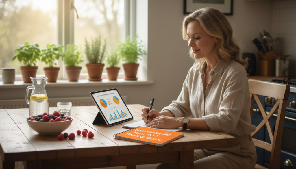 A serene kitchen setting with a middle-aged woman over 40, dressed in casual yet polished attire, engaging with a notebook and pen while planning her intermittent fasting schedule. In the foreground, a wooden table displays fresh fruits, a glass of water, and a bright, inviting planner titled "IgniteHer40". The middle ground features the woman, smiling calmly as she analyzes the colorful charts of popular fasting protocols on her tablet. The background has soft, warm lighting from a window, with potted herbs on the sill, creating a cozy, health-focused atmosphere. The image captures a mood of empowerment and relatability, reflecting the journey of women over 40 embracing intermittent fasting for better health.