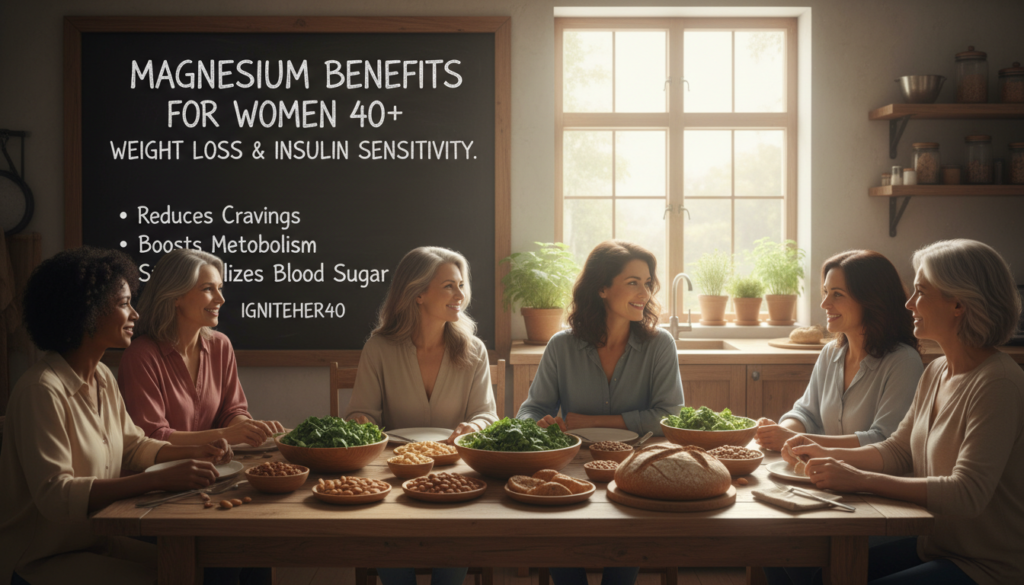 A serene kitchen setting with a warm, inviting atmosphere. In the foreground, a diverse group of women over 40, dressed in modest casual clothing, gather around a table filled with healthy foods rich in magnesium, such as leafy greens, nuts, and whole grains. The women are engaged in a discussion, smiling, showcasing a sense of community and empowerment. In the middle ground, a chalkboard displays the benefits of magnesium for weight loss and insulin sensitivity, highlighting its role for women over 40. The background features soft natural lighting coming through a window, creating a cozy mood. The scene radiates positivity and emphasizes a health-conscious lifestyle, subtly incorporating the brand name "IgniteHer40."