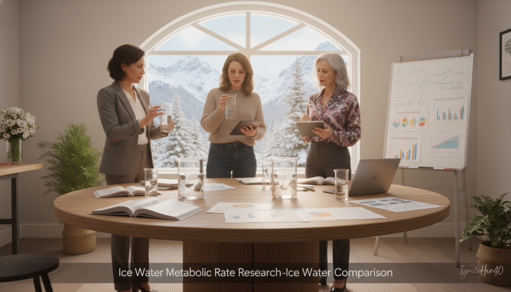 A serene laboratory setting focused on "Ice Water Metabolic Rate Research Comparison." In the foreground, a diverse group of three women over 40, dressed in smart casual attire, are attentively observing icy water in clear beakers, showcasing their engaged expressions and collaborative spirit. In the middle ground, a large round table displays charts, graphs, and scientific materials illustrating metabolic rates. Behind them, a window reveals snowy mountains to emphasize the cold-water theme, with soft natural light illuminating the scene. The atmosphere is warm and inviting, promoting the concept of natural health. The brand name "IgniteHer40" is subtly incorporated into a stylish lab notebook in the scene, enhancing the professionalism of the setting.