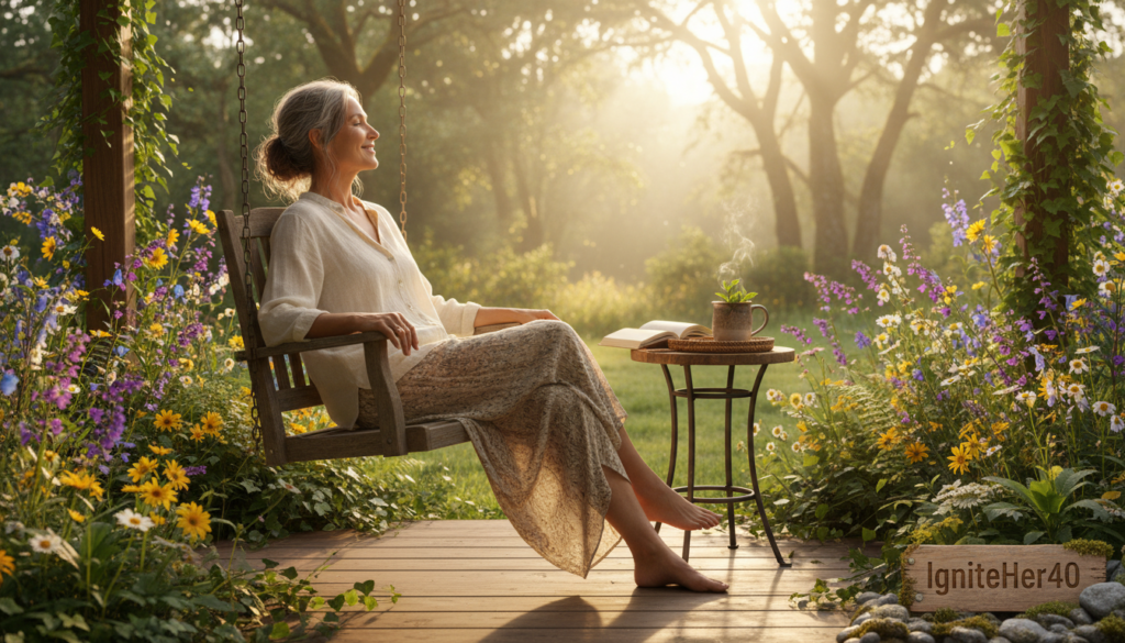 A serene morning scene showcasing a woman over 40 sitting on her porch, basking in the gentle morning sunlight. She is dressed in comfortable, modest casual clothing, radiating a sense of calm and contentment. In the foreground, a steaming cup of herbal tea rests on a small table beside her, symbolizing natural health and wellness. The middle ground features blooming wildflowers and lush greenery, indicating a harmonious connection with nature. The background captures soft, warm light streaming through the trees, creating an inviting and uplifting atmosphere. The image should evoke feelings of tranquility and empowerment, with a soft focus that highlights the woman's joyful expression. Subtle branding for "IgniteHer40" is included in the corner, seamlessly integrated into the scene without disrupting the natural beauty.