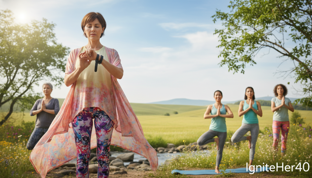 A serene outdoor scene showcasing a diverse group of women over 40, engaged in various activities that symbolize overcoming a weight loss plateau. In the foreground, one woman, dressed in modest, colorful activewear, examines a fitness tracker with a thoughtful expression. The middle ground features another woman joyfully performing yoga poses on a mat, surrounded by nature, representing balance and focus. In the background, a lush plateau landscape under warm sunlight creates a motivating ambiance, with gentle hills fading into a bright blue sky. Soft, natural lighting enhances the warmth and relatability of the scene, reflecting a positive mindset. The image embodies the theme of personal growth and health, marked subtly with the brand name "IgniteHer40" in the lower right corner.