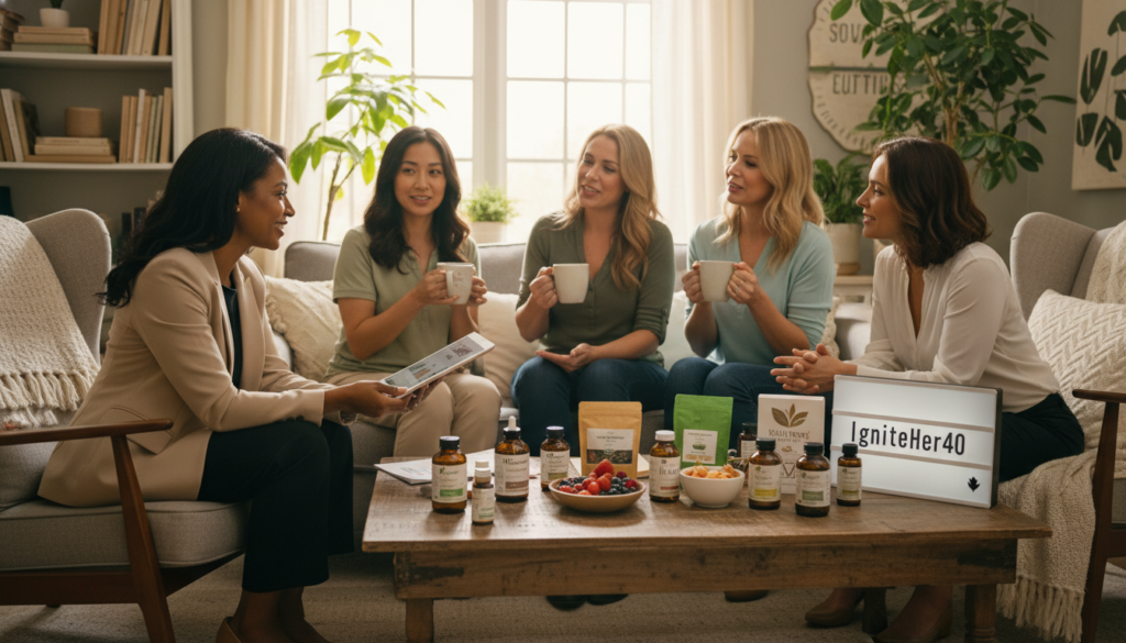 A serene scene depicting a diverse group of women over 40 engaging in a supportive conversation about hormonal balance in a cozy, sunlit room. In the foreground, two women in professional business attire discuss health tips while smiling, their body language conveying trust and understanding. In the middle, a stylish table displays natural health products related to estrogen and progesterone balance, with warm lighting accentuating the colors. The background features soft, calming decor with plants and bookshelves filled with wellness literature, creating an inviting atmosphere. The mood is warm, relatable, and empowering, emphasizing community support and natural health. The brand name "IgniteHer40" subtly integrated into the decor. Bright and uplifting lighting enhances the positive vibe of the space.