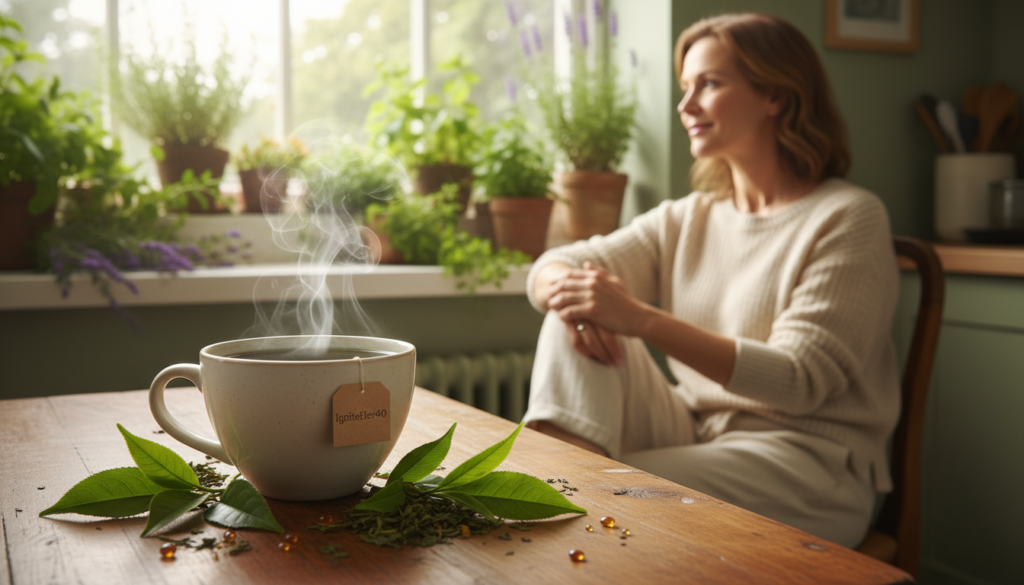 A serene setting featuring a steaming cup of green tea placed delicately on a wooden table. In the foreground, the tea is highlighted with vibrant green leaves and glossy catechins, symbolizing health benefits. The middle ground includes a sunlit kitchen with calming green tones, where a woman in her 40s, dressed in modest casual attire, enjoys her moment of self-care. She gazes thoughtfully out the window, embodying wellness and self-nourishment. The background captures a herb garden, emphasizing natural health. Soft, natural lighting enhances the atmosphere, creating a warm, inviting glow, perfect for a cozy wellness retreat. The brand name "IgniteHer40" subtly appears on the tea packaging, promoting a relatable health journey for women seeking to boost metabolism.