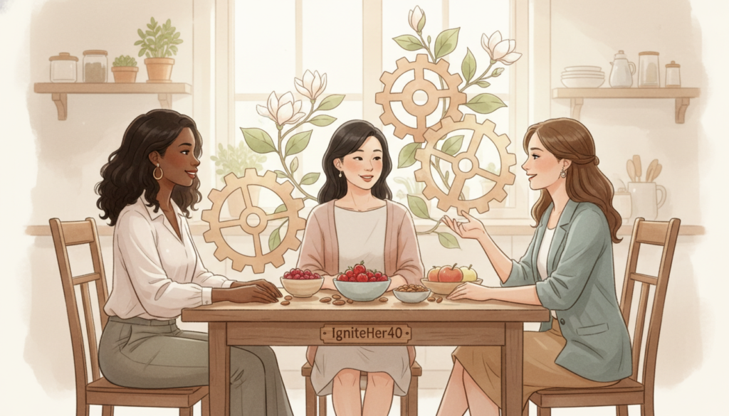 A serene, warm-toned illustration depicting the concept of metabolism slowdown in women over 40. In the foreground, a diverse group of three women of different ethnicities, aged 40+, dressed in modest, professional attire, are engaged in a friendly conversation over healthy snacks like fruits and nuts. In the middle, a subtle visual metaphor of slow-moving gears symbolizes hormonal changes, intertwined with elements like leaves or flowers representing natural health. The background features a soft-focus kitchen setting, filled with natural light filtering through a window, conveying a welcoming and supportive atmosphere. The composition should feel relatable and empowering, subtly incorporating the brand name "IgniteHer40" into the scene. Use a shallow depth of field to maintain focus on the women and the metaphorical elements, creating a sense of warmth and community.
