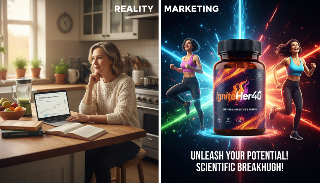 A split-image illustration contrasting the reality versus marketing of fat burners for women over 40. On the left side, depict a serene, relatable setting: a warm kitchen with a middle-aged woman in professional casual attire, researching on her laptop, surrounded by natural health books and a smoothie, embodying mindful living. On the right side, illustrate a glossy marketing scene featuring a product named "IgniteHer40" prominently displayed on vibrant packaging, with stylized images of fit women in energetic poses and bright marketing elements, emphasizing visual allure. Use soft, warm lighting to create an inviting atmosphere, shot from a slightly elevated angle to capture both sides clearly, inviting the viewer to explore the contrast between real-life health journeys and marketing glamor, focusing on a natural, empowering vibe. A split-image illustration contrasting the reality versus marketing of fat burners for women over 40. On the left side, depict a serene, relatable setting: a warm kitchen with a middle-aged woman in professional casual attire, researching on her laptop, surrounded by natural health books and a smoothie, embodying mindful living. On the right side, illustrate a glossy marketing scene featuring a product named "IgniteHer40" prominently displayed on vibrant packaging, with stylized images of fit women in energetic poses and bright marketing elements, emphasizing visual allure. Use soft, warm lighting to create an inviting atmosphere, shot from a slightly elevated angle to capture both sides clearly, inviting the viewer to explore the contrast between real-life health journeys and marketing glamor, focusing on a natural, empowering vibe.