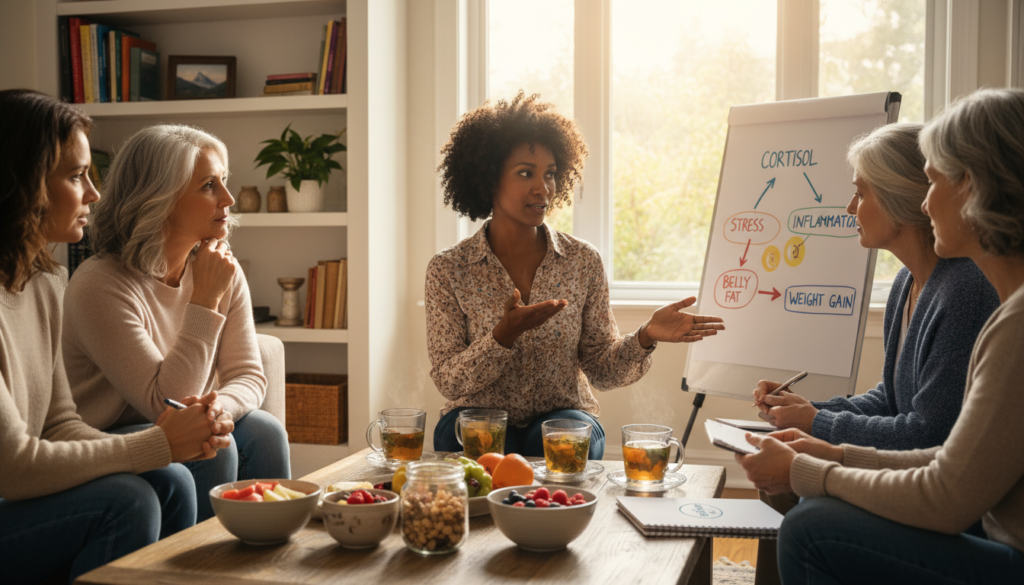 A thoughtful, relatable scene showcasing a diverse group of women over 40 sitting together in a cozy, well-lit living room, discussing health and wellness. In the foreground, one woman, wearing modest casual clothing, is pointing to a diagram illustrating cortisol levels impacting belly fat, emphasizing their connection to weight gain. The middle ground features a table with healthy snacks and herbal teas, promoting natural health solutions. Soft, natural lighting enters through a window, creating a warm atmosphere. In the background, a shelf displays wellness books, suggesting an environment focused on self-improvement and support. Include a subtle logo for "IgniteHer40" on a book or notebook to connect with the theme of empowerment. The mood is encouraging and insightful, highlighting community and solutions for women.