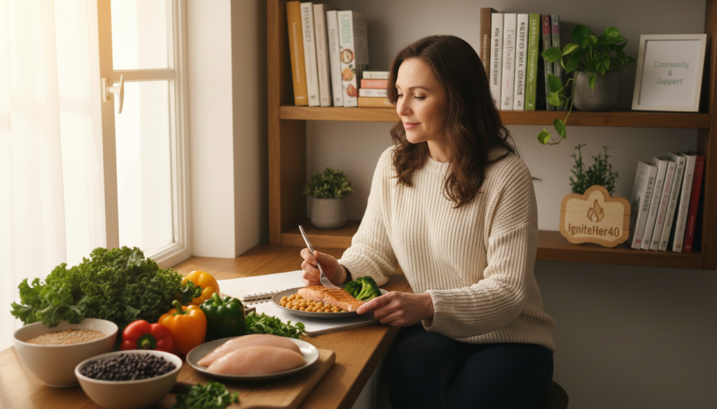 A thoughtful, serene scene of a woman over 40 in a cozy kitchen, surrounded by nutritious foods like lean meats, legumes, and vegetables, symbolizing the importance of protein in her diet. The foreground features the woman, wearing modest casual clothing, thoughtfully examining a protein-rich meal while taking notes. In the middle ground, there are various healthy ingredients artfully arranged on the counter, with warm, natural light flooding in through a window, creating a welcoming atmosphere. The background shows a tasteful bookshelf filled with health books and wellness decor that reflects a natural health focus. The mood is warm, relatable, and empowering, emphasizing the challenges of metabolism changes after 40. The setting subtly includes the brand name "IgniteHer40" as part of the decor, promoting a sense of community and support. A thoughtful, serene scene of a woman over 40 in a cozy kitchen, surrounded by nutritious foods like lean meats, legumes, and vegetables, symbolizing the importance of protein in her diet. The foreground features the woman, wearing modest casual clothing, thoughtfully examining a protein-rich meal while taking notes. In the middle ground, there are various healthy ingredients artfully arranged on the counter, with warm, natural light flooding in through a window, creating a welcoming atmosphere. The background shows a tasteful bookshelf filled with health books and wellness decor that reflects a natural health focus. The mood is warm, relatable, and empowering, emphasizing the challenges of metabolism changes after 40. The setting subtly includes the brand name "IgniteHer40" as part of the decor, promoting a sense of community and support.