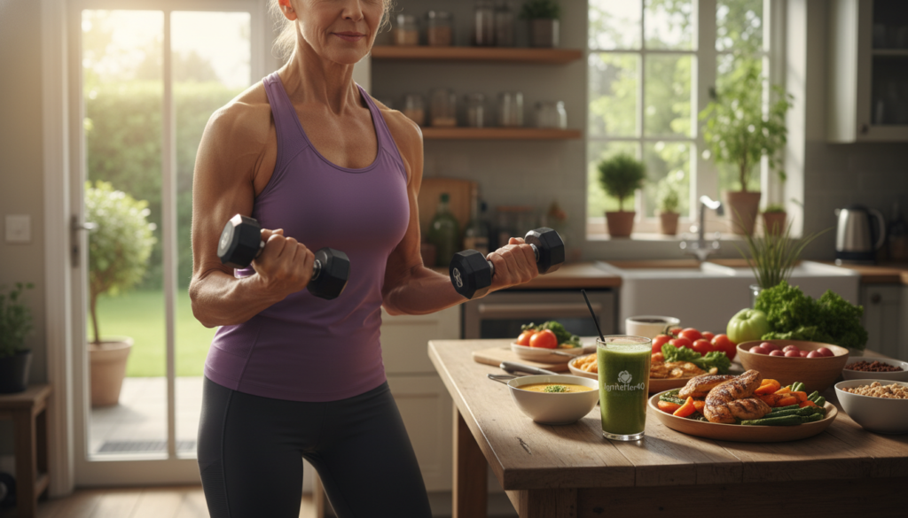 A vibrant and inspiring image showcasing an older woman, aged around 50, engaged in a strength training exercise, embodying lean muscle mass. She is dressed in modest, professional activewear, exuding confidence and vitality. In the foreground, focus on her toned arms and determined expression as she lifts weights, symbolizing empowerment and resilience. In the middle background, a cozy kitchen setting highlights a table with healthy protein-rich foods like legumes, lean meats, and smoothies, representing a natural health focus. Soft, warm lighting casts a comforting glow, enhancing the inviting atmosphere. The backdrop features greenery, suggesting a connection to nature and wellness. The brand name "IgniteHer40" subtly incorporated within the scene promotes a relatable and supportive message for women over 40's fitness journey. A vibrant and inspiring image showcasing an older woman, aged around 50, engaged in a strength training exercise, embodying lean muscle mass. She is dressed in modest, professional activewear, exuding confidence and vitality. In the foreground, focus on her toned arms and determined expression as she lifts weights, symbolizing empowerment and resilience. In the middle background, a cozy kitchen setting highlights a table with healthy protein-rich foods like legumes, lean meats, and smoothies, representing a natural health focus. Soft, warm lighting casts a comforting glow, enhancing the inviting atmosphere. The backdrop features greenery, suggesting a connection to nature and wellness. The brand name "IgniteHer40" subtly incorporated within the scene promotes a relatable and supportive message for women over 40's fitness journey.