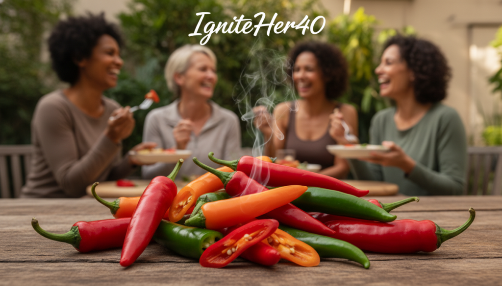 A vibrant close-up of fresh chili peppers, showcasing their rich hues of red, orange, and green, emphasizing their natural shine under soft, warm lighting. The peppers are artistically arranged in a natural setting, perhaps on a rustic wooden table, with a subtle hint of steam rising to illustrate the thermogenic effect of capsaicin. In the background, a soft-focus image of women over 40 engaging in active, healthy lifestyles, dressed in modest, casual clothing, enjoying a meal featuring these peppers, captures the essence of natural health and metabolism. The atmosphere is warm and inviting, promoting a relatable and empowering mood, ideal for the brand IgniteHer40. The composition should highlight the peppers' shapes and textures, while the overall tone conveys energy and vitality.