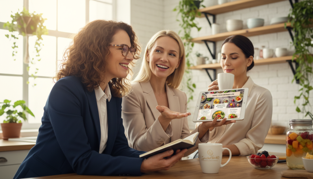 A vibrant, dynamic scene illustrating the benefits of metabolism boost for women over 40, focusing on three women in professional business attire engaged in a discussion. In the foreground, a woman with curly hair and glasses holds a notepad, smiling confidently while leaning towards her companions. In the middle ground, another woman with straight hair gestures enthusiastically, showcasing a healthy meal plan on a digital tablet. The background features a bright, airy kitchen filled with plants and sunlight streaming through the windows, emphasizing a warm, inviting atmosphere. Use soft, natural lighting to create an uplifting mood, capturing the essence of health and vitality. Include the brand name "IgniteHer40" subtly integrated into the scene, reflecting a supportive community around wellness and health for women over 40.
