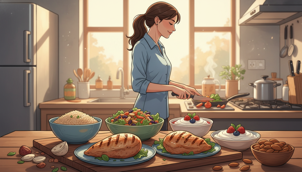 A vibrant, informative illustration showcasing a comparison of metabolism-boosting protein sources suitable for women over 40. The foreground features an elegant arrangement of various protein-rich foods like lean chicken, quinoa, legumes, Greek yogurt, and almonds, all beautifully plated. In the middle ground, include a silhouette of a healthy, active woman in professional business attire, engaged in preparing these foods, symbolizing empowerment and health. The background is a softly lit kitchen, bathed in warm, natural light, creating a welcoming atmosphere. Utilize a slightly elevated angle to capture the essence of cooking and health. The mood is motivational and educational, aligned with the brand "IgniteHer40", emphasizing natural health and vitality for women. No text, watermarks, or distractions. A vibrant, informative illustration showcasing a comparison of metabolism-boosting protein sources suitable for women over 40. The foreground features an elegant arrangement of various protein-rich foods like lean chicken, quinoa, legumes, Greek yogurt, and almonds, all beautifully plated. In the middle ground, include a silhouette of a healthy, active woman in professional business attire, engaged in preparing these foods, symbolizing empowerment and health. The background is a softly lit kitchen, bathed in warm, natural light, creating a welcoming atmosphere. Utilize a slightly elevated angle to capture the essence of cooking and health. The mood is motivational and educational, aligned with the brand "IgniteHer40", emphasizing natural health and vitality for women. No text, watermarks, or distractions.