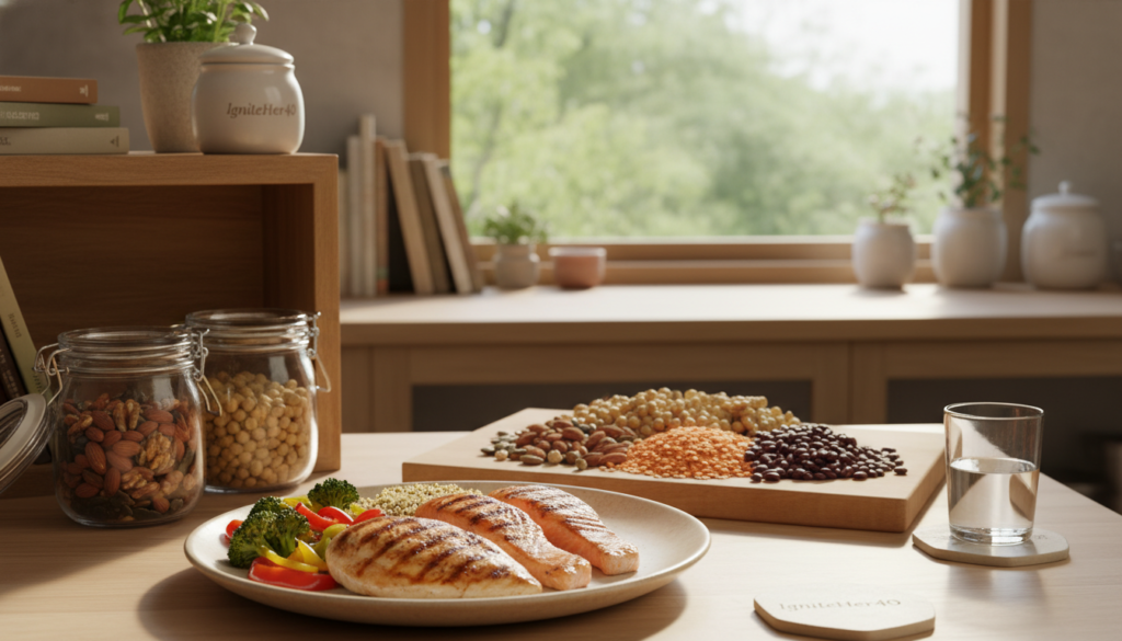 A vibrant kitchen scene showcasing a variety of lean proteins essential for women over 40, emphasizing metabolic health. In the foreground, a beautifully arranged plate features grilled chicken breast, salmon fillets, and quinoa, with colorful roasted vegetables artfully displayed beside them. In the middle, a wooden cutting board holds various legumes like chickpeas and lentils, while a glass jar of nuts and seeds adds texture. In the background, a sunlit window reveals lush green plants, creating a warm, inviting atmosphere. The lighting is soft and natural, highlighting the freshness of the ingredients. Capture a sense of warmth and relatability, reflecting a comforting, health-focused lifestyle. Include subtle branding for "IgniteHer40" on a kitchen shelf or as part of the table settings, seamlessly integrated into the image.
