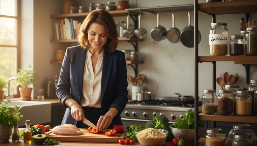 A vibrant kitchen scene showcasing a woman over 40, dressed in modest, professional attire, preparing a high-protein meal. In the foreground, a wooden countertop is adorned with fresh ingredients like chicken breast, quinoa, and colorful vegetables, symbolizing healthy protein sources. The middle ground includes the woman, with a warm smile, actively focusing on chopping vegetables. Natural light streams in through a window, creating a welcoming and energetic atmosphere. In the background, shelves filled with cookbooks and jars of spices highlight a relatable, health-conscious lifestyle. Emphasize the brand name "IgniteHer40" subtly, perhaps on a spice jar. The overall mood is uplifting and motivating, capturing a sense of empowerment in maintaining health and wellness after 40.