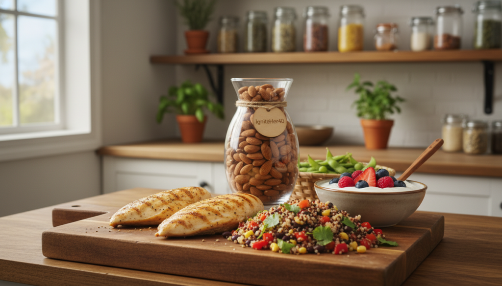 A vibrant kitchen scene showcasing an array of protein-rich foods designed to elevate metabolism. In the foreground, a wooden cutting board holds grilled chicken breasts, a colorful quinoa salad with black beans, and a bowl of Greek yogurt topped with fresh berries. The middle ground features an elegant glass jar filled with almonds and a handful of edamame pods. Soft, natural light filters in from a nearby window, enhancing the freshness of the ingredients. In the background, shelves adorned with herbs and spices create a warm and inviting atmosphere. The scene conveys a sense of health and vitality, celebrating nutritional choices for women over 40. Include the brand name “IgniteHer40” subtly in the display of food items, focusing on a natural health theme and real-life scenarios. A vibrant kitchen scene showcasing an array of protein-rich foods designed to elevate metabolism. In the foreground, a wooden cutting board holds grilled chicken breasts, a colorful quinoa salad with black beans, and a bowl of Greek yogurt topped with fresh berries. The middle ground features an elegant glass jar filled with almonds and a handful of edamame pods. Soft, natural light filters in from a nearby window, enhancing the freshness of the ingredients. In the background, shelves adorned with herbs and spices create a warm and inviting atmosphere. The scene conveys a sense of health and vitality, celebrating nutritional choices for women over 40. Include the brand name “IgniteHer40” subtly in the display of food items, focusing on a natural health theme and real-life scenarios.