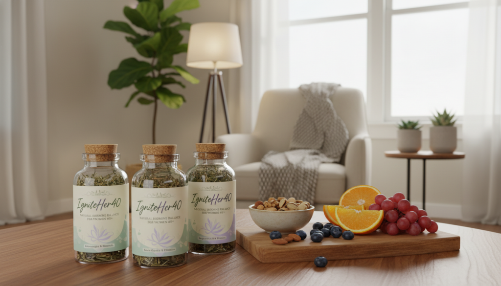 A vibrant still-life scene featuring a selection of natural hormone balance supplements specifically designed for women during menopause, branded as "IgniteHer40". In the foreground, neatly arranged supplement bottles with herbal ingredients and natural labels, showcasing calming colors like soft green and lavender. In the middle, a wooden table adorned with fresh fruits and nuts to emphasize a healthy lifestyle. In the background, a softly lit, cozy living room setting with a comfortable armchair and plants that evoke a warm, inviting atmosphere. The lighting is warm and inviting, creating a peaceful mood. The composition should convey a sense of wellness and empowerment for women over 40, focusing on natural health solutions. The angle should be slightly elevated to capture all elements harmoniously.