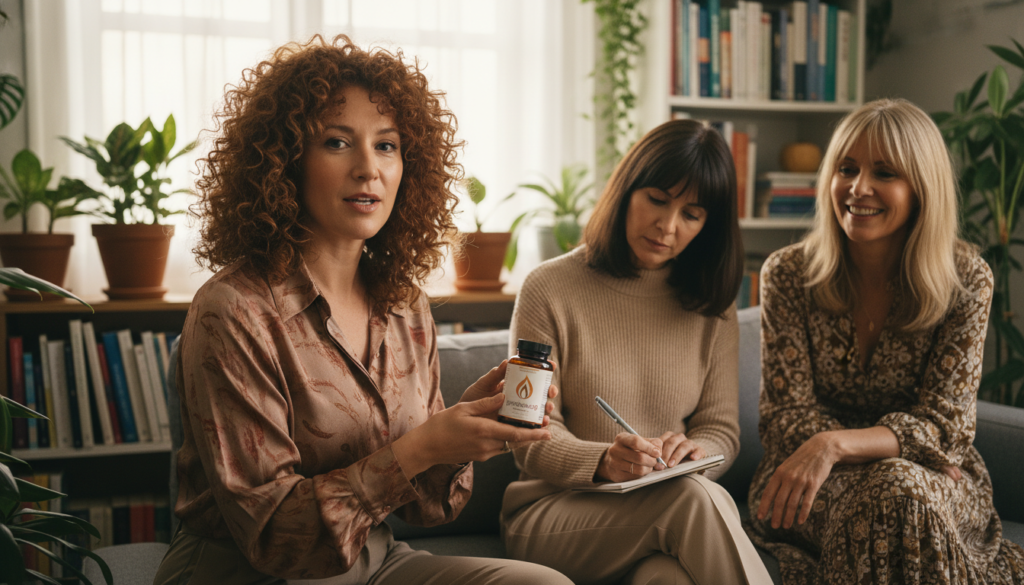 A vibrant, warm-toned image featuring a diverse group of three women over 40 engaging in a wellness discussion. In the foreground, a confident woman with curly hair, dressed in a stylish, professional blouse, is holding a thermogenic supplement bottle labeled "IgniteHer40." In the middle ground, a woman with straight hair in a comfortable yet chic outfit is taking notes on a notepad, while a third woman with shoulder-length hair smiles warmly, fostering a supportive environment. The background showcases a cozy, well-lit room filled with plants and wellness books, emphasizing a natural health focus. Soft lighting creates an inviting atmosphere. The angle is slightly elevated, capturing the interactions, conveying empowerment and community among women navigating health changes. A vibrant, warm-toned image featuring a diverse group of three women over 40 engaging in a wellness discussion. In the foreground, a confident woman with curly hair, dressed in a stylish, professional blouse, is holding a thermogenic supplement bottle labeled "IgniteHer40." In the middle ground, a woman with straight hair in a comfortable yet chic outfit is taking notes on a notepad, while a third woman with shoulder-length hair smiles warmly, fostering a supportive environment. The background showcases a cozy, well-lit room filled with plants and wellness books, emphasizing a natural health focus. Soft lighting creates an inviting atmosphere. The angle is slightly elevated, capturing the interactions, conveying empowerment and community among women navigating health changes.