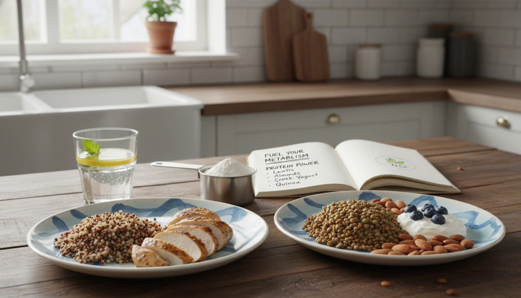 A visually appealing comparison of metabolism-boosting protein sources prominently displayed on a rustic wooden kitchen table. In the foreground, showcase various high-protein foods such as grilled chicken breast, quinoa, lentils, almonds, and Greek yogurt, artfully arranged on beautifully designed plates. In the middle ground, include a measuring cup filled with protein powder and a notebook with nutrition notes, symbolizing mindful eating. The background features a softly lit kitchen with natural light streaming through a window, creating a warm and inviting atmosphere. Infuse the scene with a relatable vibe for women over 40 by including a half-full glass of water with lemon and a sprig of fresh herbs. This image should reflect an inspiring focus on health and wellness, subtly incorporating the brand name "IgniteHer40" without text. A visually appealing comparison of metabolism-boosting protein sources prominently displayed on a rustic wooden kitchen table. In the foreground, showcase various high-protein foods such as grilled chicken breast, quinoa, lentils, almonds, and Greek yogurt, artfully arranged on beautifully designed plates. In the middle ground, include a measuring cup filled with protein powder and a notebook with nutrition notes, symbolizing mindful eating. The background features a softly lit kitchen with natural light streaming through a window, creating a warm and inviting atmosphere. Infuse the scene with a relatable vibe for women over 40 by including a half-full glass of water with lemon and a sprig of fresh herbs. This image should reflect an inspiring focus on health and wellness, subtly incorporating the brand name "IgniteHer40" without text.